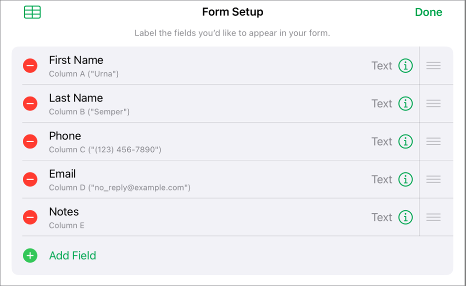 Form setup controls, showing options to add, edit, reorder, and delete fields, as well as to change the format of fields (such as from Text to Percentage).