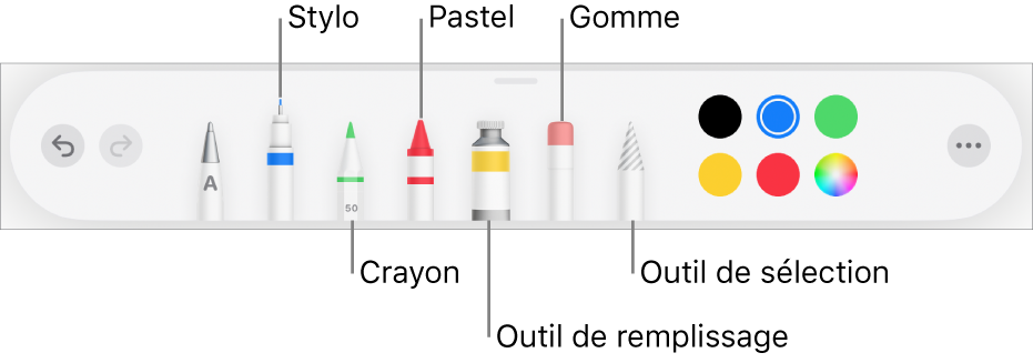 L’outil de dessin avec le stylo, le crayon,le pastel, l’outil de remplissage, la gomme, l’outil de sélection et le cadre de couleur indiquant la couleur actuelle. Le bouton du menu Plus se trouve à droite.
