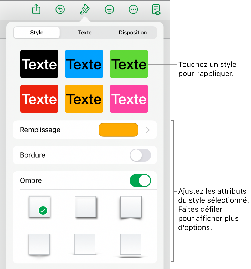 L’onglet Style du menu Format avec les styles de figure en haut et des commandes au-dessous pour modifier le remplissage, la bordure et l’ombre.