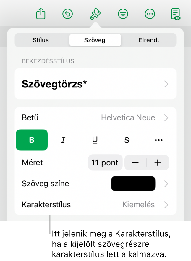 A Szövegformázás vezérlők a Karakterstílussal a Színek vezérlői alatt. A Nincs karakterstílus látható egy csillag szimbólummal.