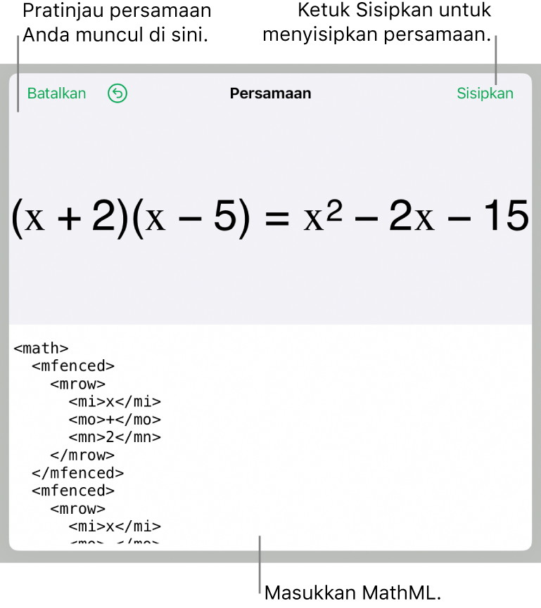 Dialog Persamaan, menampilkan sebuah persamaan ditulis menggunakan perintah MathML, dan pratinjau formula di atas.