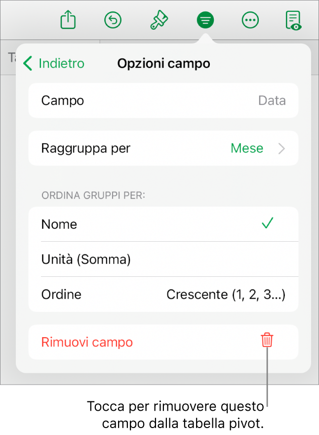 Il menu “Opzioni campo” che mostra i controlli per raggruppare e ordinare i dati, nonché le opzioni per rimuovere un campo.