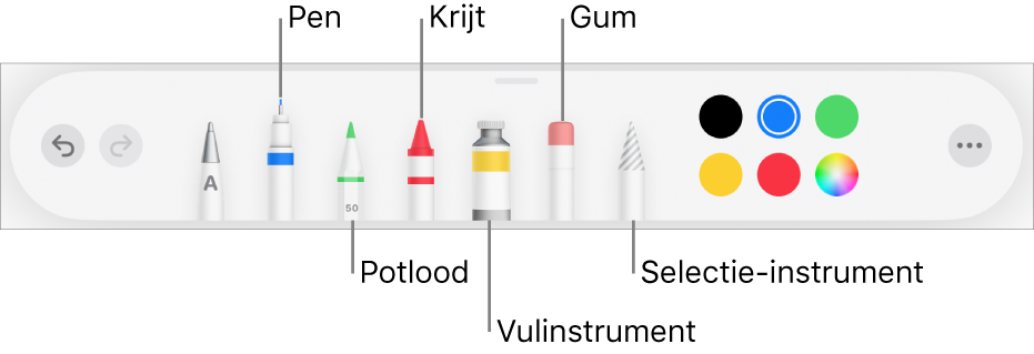 De knoppenbalk voor tekenen met een pen, potlood, krijt, vulinstrument, gum en selectie-instrument en een kleurenvak met de huidige kleur. Helemaal rechts staat de knop voor het menu 'Meer'.