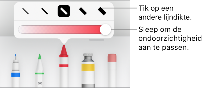 Regelaars voor het kiezen van een lijndikte en een schuifknop voor het aanpassen van de ondoorzichtigheid.