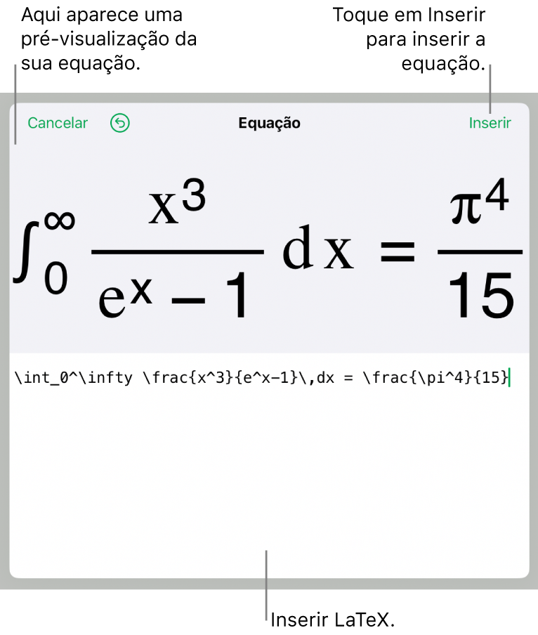 O diálogo de Equação, mostrando uma equação escrita com comandos LaTex e uma pré-visualização da fórmula acima.