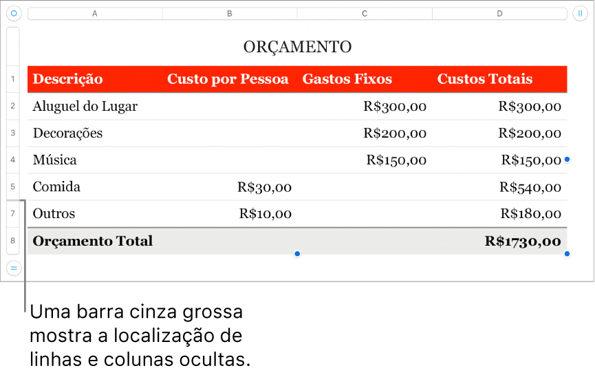 Um barra cinza espessa que mostra a localização de linhas e colunas ocultas