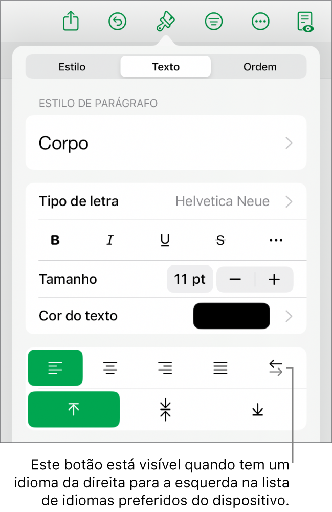 A secção Estilo do menu Formatação com uma chamada para o botão Da direita para a esquerda.
