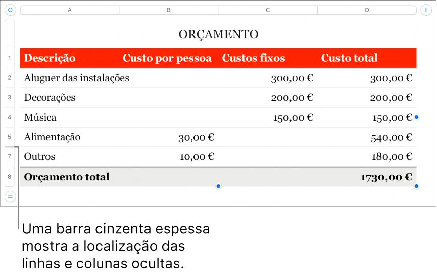 Uma barra cinzenta espessa que mostra a localização das linhas e colunas ocultas.