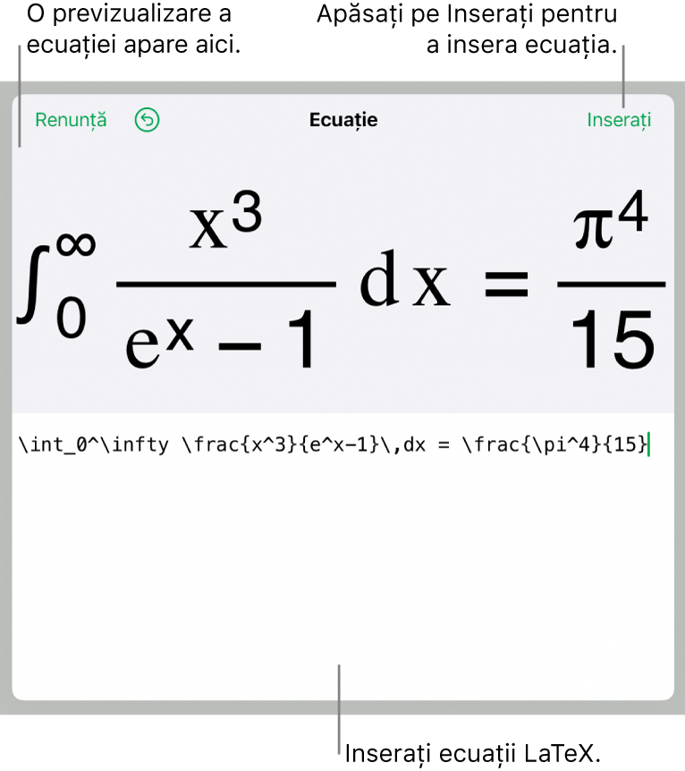 Caseta de dialog Ecuație, afișând o ecuație scrisă cu ajutorul comenzilor LaTex și, deasupra, o previzualizare a formulei.
