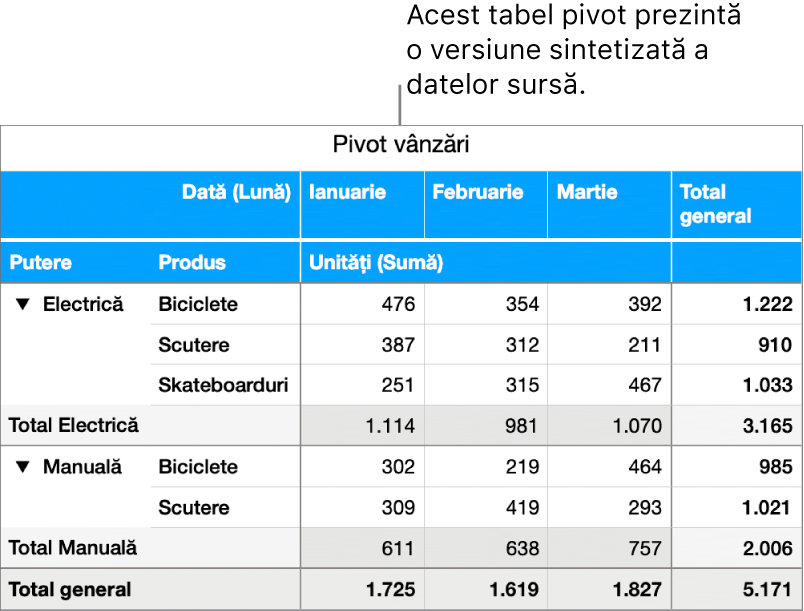 Un tabel pivot afișând datele rezumate pentru biciclete, scutere și skateboarduri cu comenzile pentru dezvăluirea anumitor date.