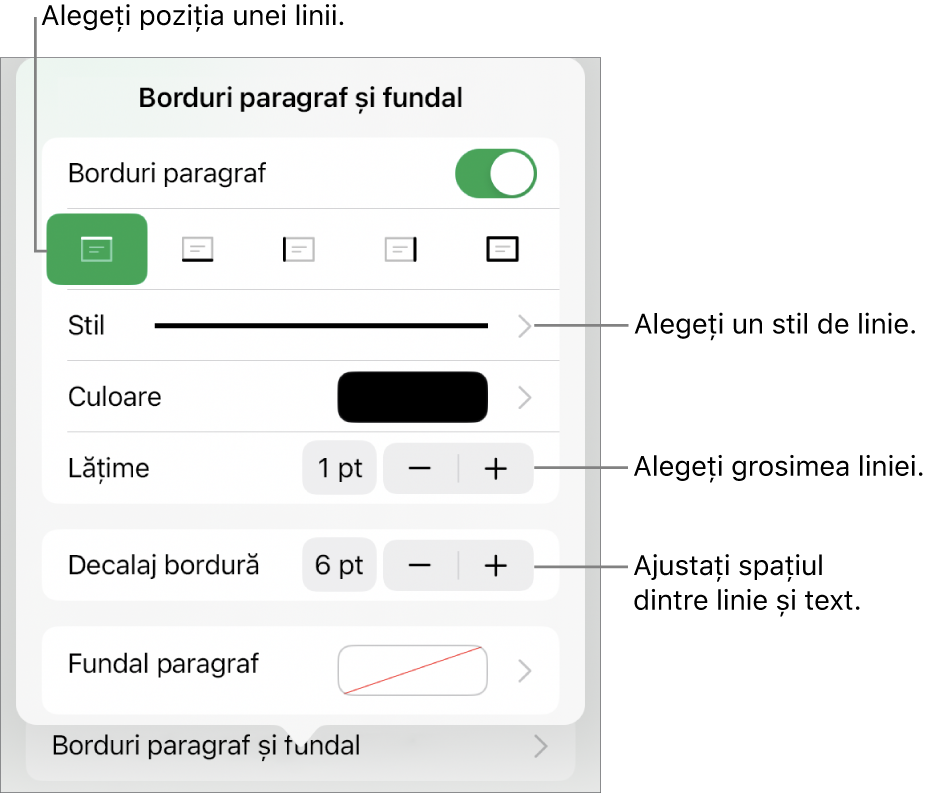 Comenzile pentru schimbarea stilului, grosimii, poziției și culorii liniei.