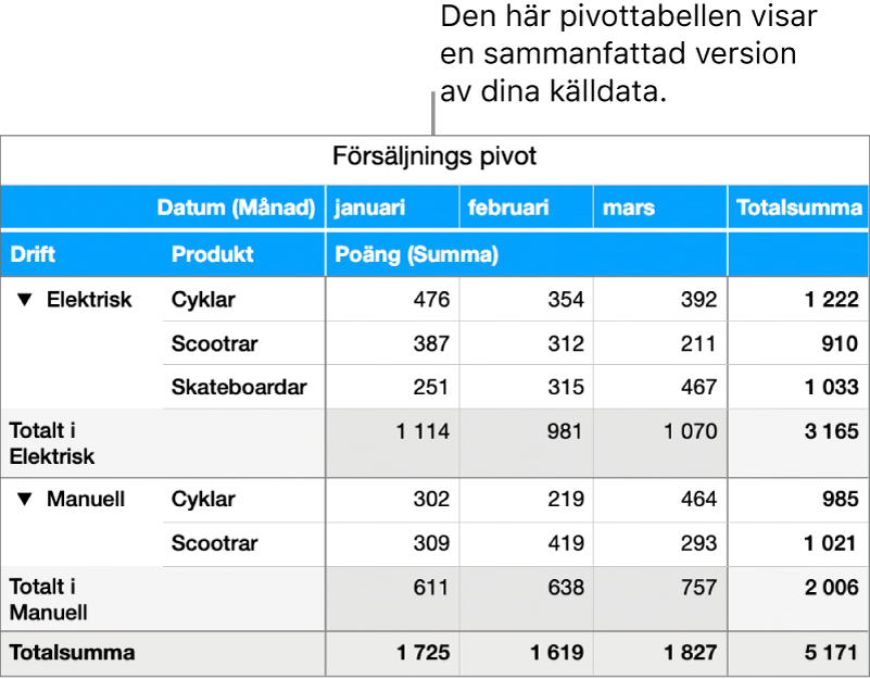 En pivottabell som visar sammanfattade data och reglage för att visa vissa data.