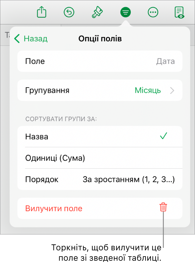 Меню «Опції полів» з елементами керування для групування і сортування даних і з опцією для вилучення поля.