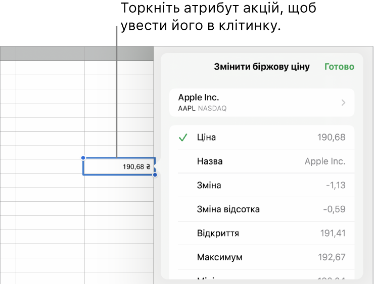 Спливне меню «Біржова ціна» з назвою акції вгорі, а також доступними атрибутами, як-от ціна, назва, зміна, процентна зміна, найвище значення та ціна на момент відкриття внизу.