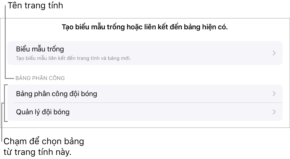 Danh sách các bảng trong cùng một bảng tính, với tùy chọn để tạo biểu mẫu trống ở trên cùng.