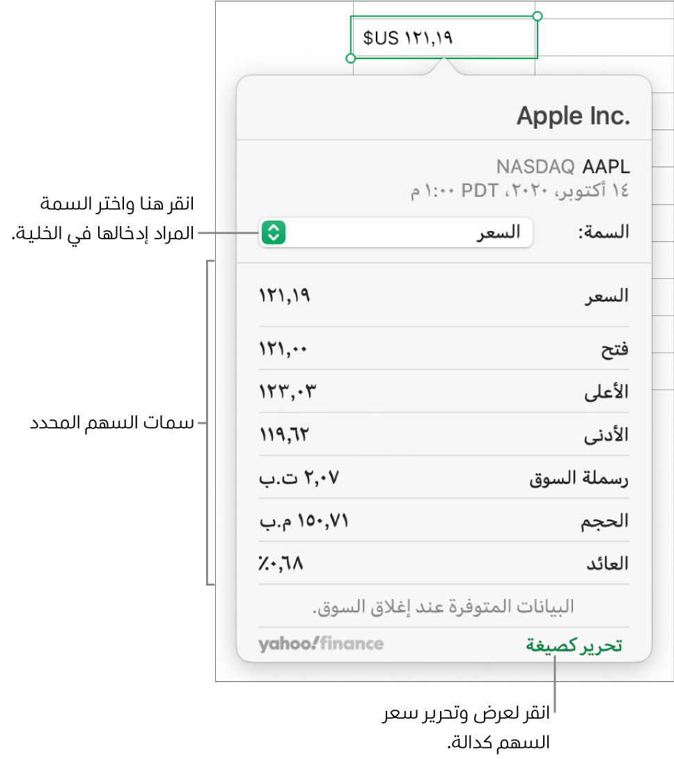 مربع حوار إدخال معلومات سمة السهم، مع تحديد Apple كسهم.