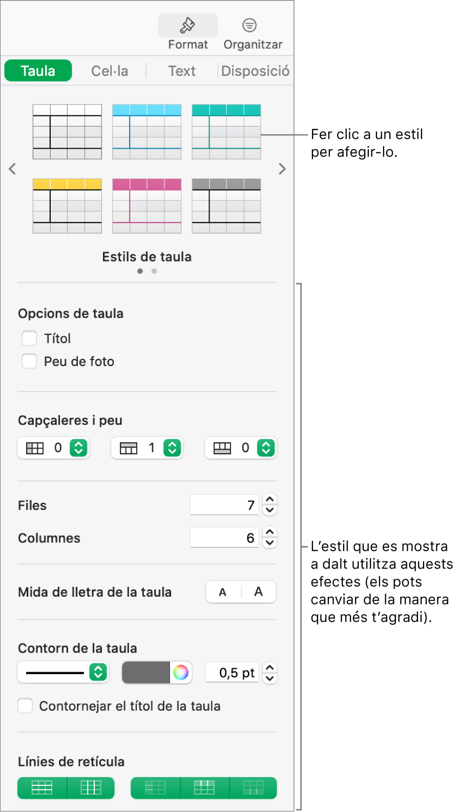 La barra lateral Format mostrant els estils de taula i les opcions de format.