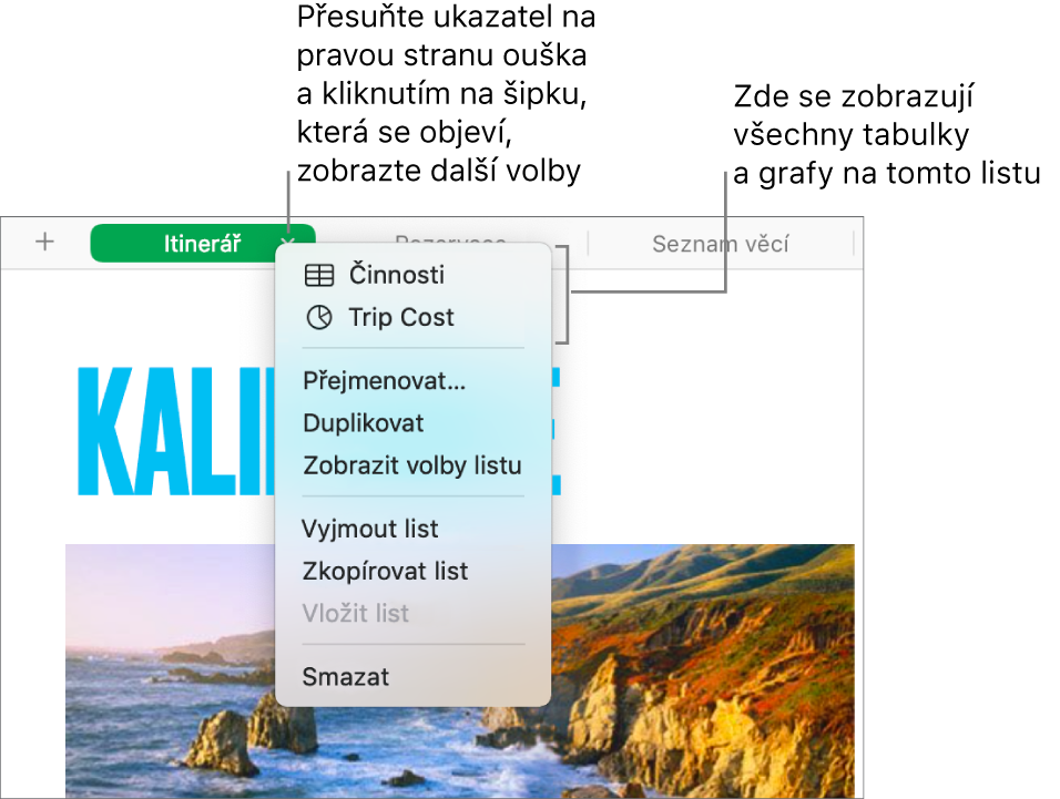 Štítek listu s otevřenou místní nabídkou, v níž jsou zobrazeny různé možnosti, včetně možnosti Duplikovat