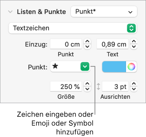 Der Abschnitt „Listen & Punkte“ in der Seitenleiste „Format“ Das Feld „Punkt“ mit einem Stern-Emoji