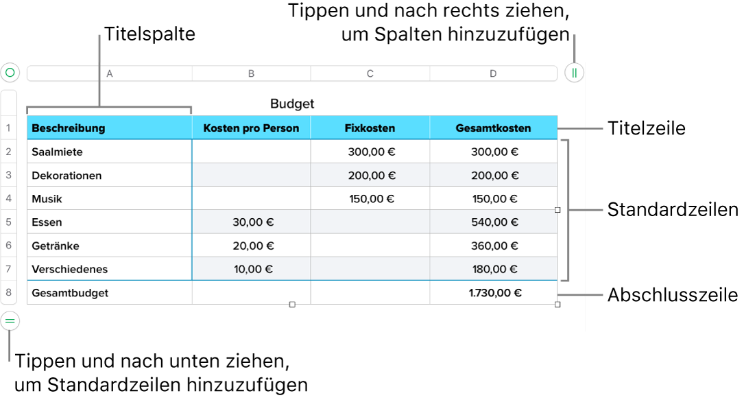 Eine Tabelle mit Titel-, Standard- und Abschlusszeilen und Spalten sowie mit Aktivpunkten zum Hinzufügen oder Löschen von Zeilen oder Spalten.