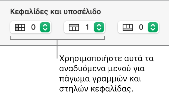 Τα αναδυόμενα μενού για την προσθήκη στηλών και γραμμών κεφαλίδας και υποσέλιδου σε πίνακα και για το πάγωμα γραμμών και στηλών κεφαλίδας.