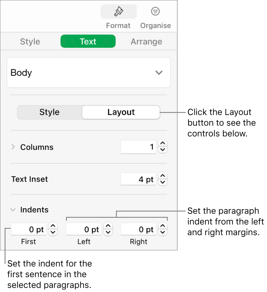 The Layout section of the Format sidebar showing controls for setting the first line indent and paragraph margins.