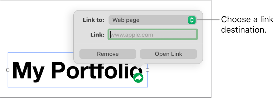 The link editor controls with Web Page selected, and the Remove and Open Link buttons at the bottom.