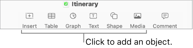 The Numbers window with call-outs to the object buttons in the toolbar.