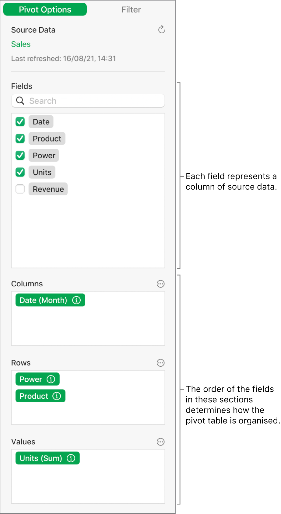 The Pivot Options tab in the Organise sidebar, showing fields in the Columns, Rows and Values sections, as well as controls to edit the fields and refresh the pivot table.