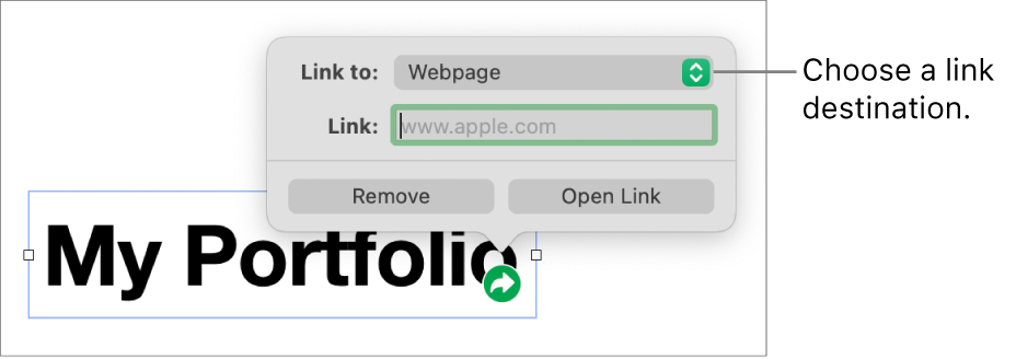 The link editor controls with Webpage selected, and the Remove and Open Link buttons at the bottom.