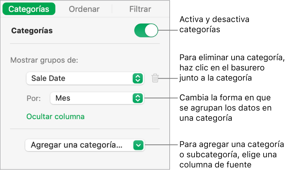 La barra lateral de categorías con opciones para desactivar las categorías, eliminar categorías, reagrupar datos, ocultar una columna origen y agregar categorías.