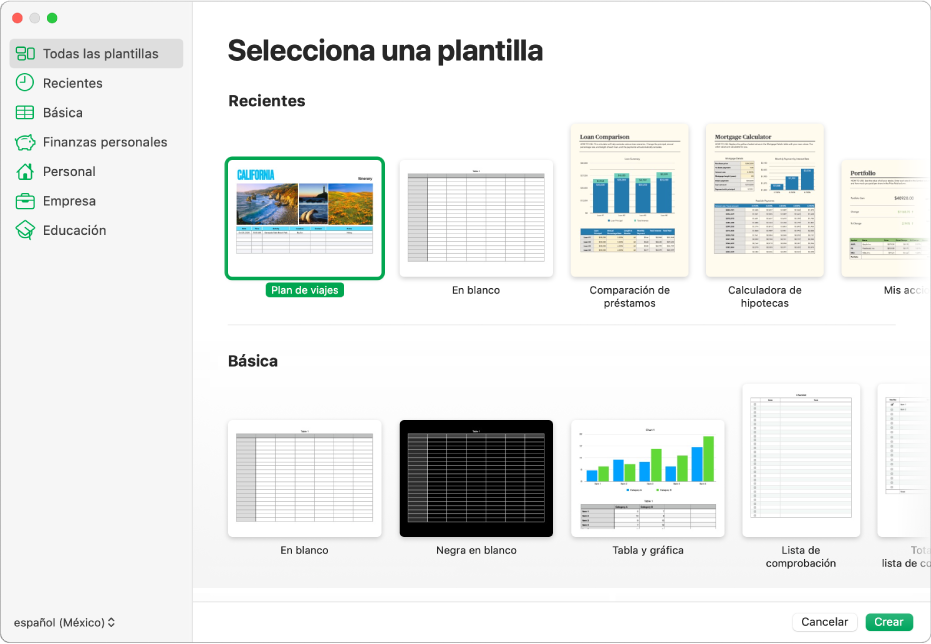 El selector de plantilla. A la izquierda aparece una barra lateral que muestra categorías de plantillas en las que puedes hacer clic para filtrar las opciones. A la derecha están las miniaturas de plantillas prediseñadas, ordenadas en filas por categoría.