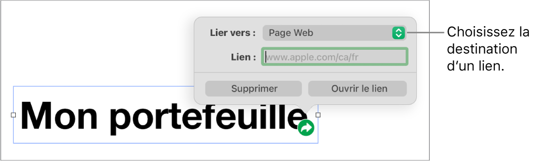 Les commandes de l’éditeur de lien avec l’option Page Web sélectionnée au-dessus des boutons Supprimer et Ouvrir le lien.