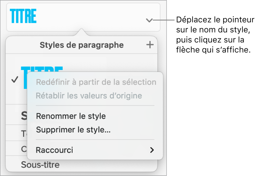 Le menu « Styles de paragraphe » avec le menu contextuel ouvert.