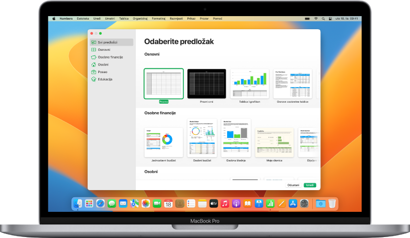 MacBook Pro s izbornikom predložaka aplikacije Numbers otvorenim na zaslonu. Kategorija Svi predlošci odabrana je s lijeve strane, a postojeći predlošci pojavljuju se s desne u recima po kategoriji.