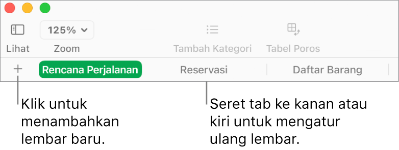 Bar tab untuk menambah lembar baru dan mengatur ulang lembar.