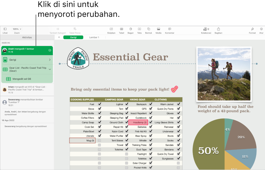 Spreadsheet kolaboratif dengan menu kolaborasi dan daftar aktivitas terbuka.