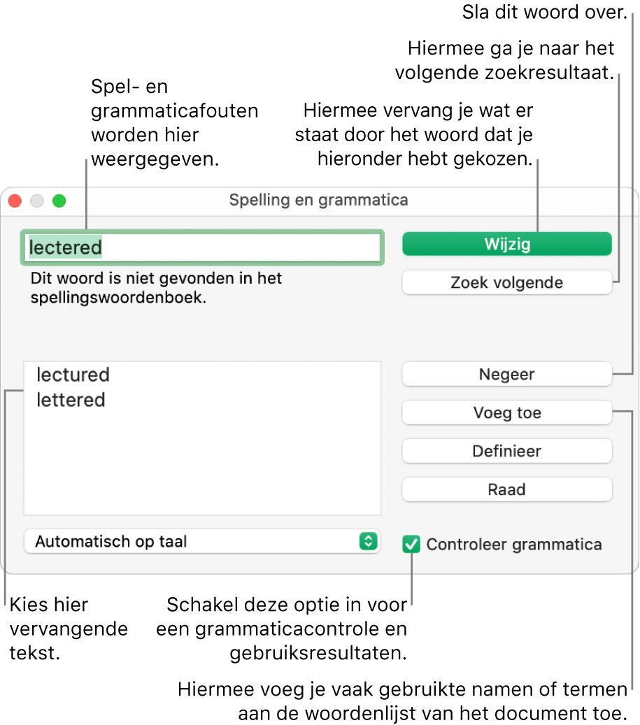 Het venster 'Spelling en grammatica'.