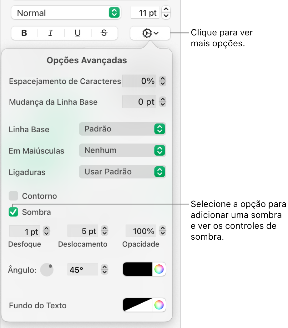 O menu “Mais Opções de Texto” se abre com a opção Sombra selecionada e controles para definir o desfoque, o deslocamento, a opacidade, o ângulo e a cor.