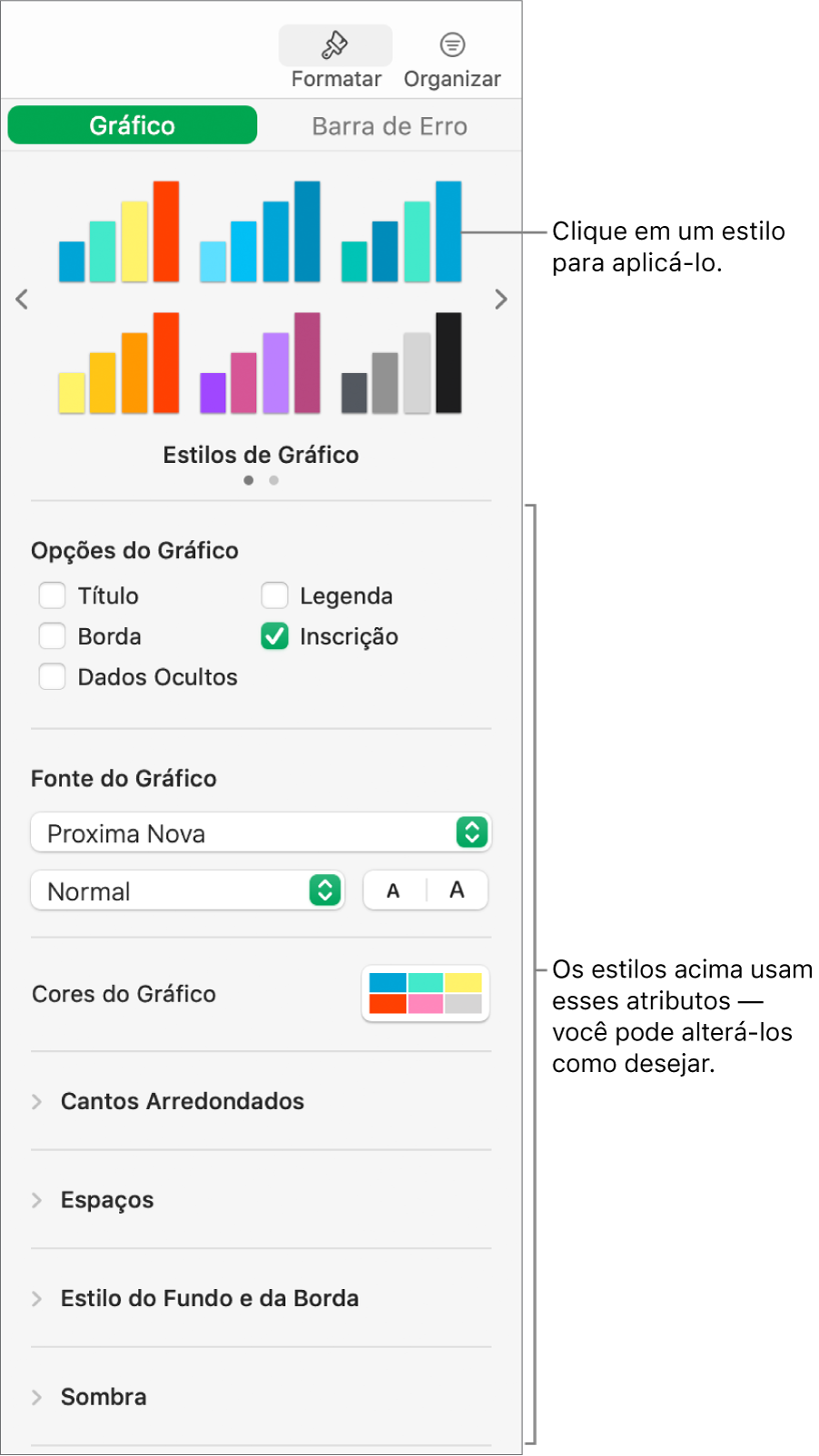 Barra lateral Formatar mostrando os controles para formatar gráficos.