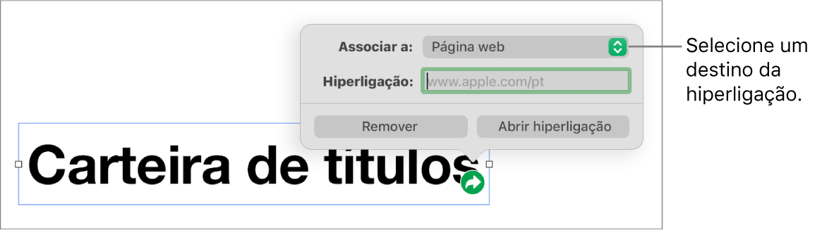 Os controlos do editor de hiperligações com a página web selecionada e os botões Remover hiperligação e Abrir hiperligação na parte inferior.