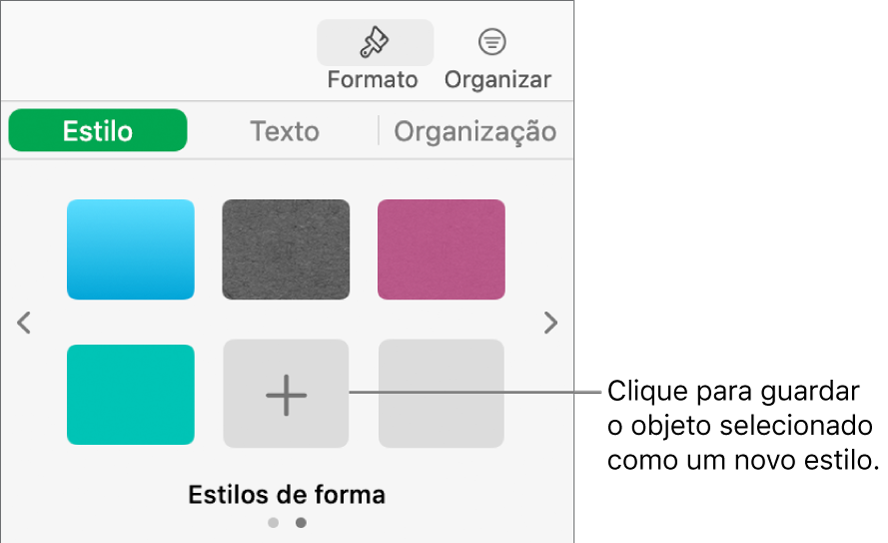 O separador Estilo da barra lateral “Formatação” com quatro estilos de imagem, um botão Criar estilo e um marcador de posição de estilo vazio.