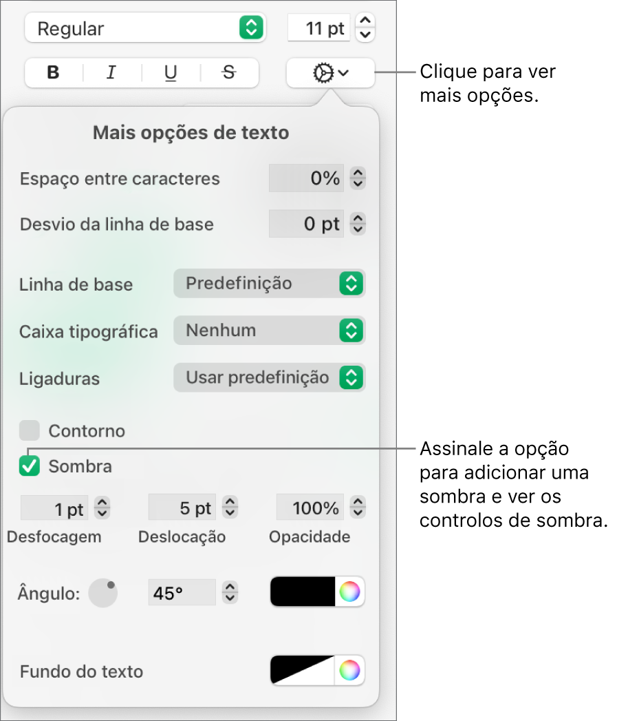 O menu Mais opções de texto aberto com a opção Sombras selecionada e os controlos para definir desfocagem, deslocação, opacidade, ângulo e cor.