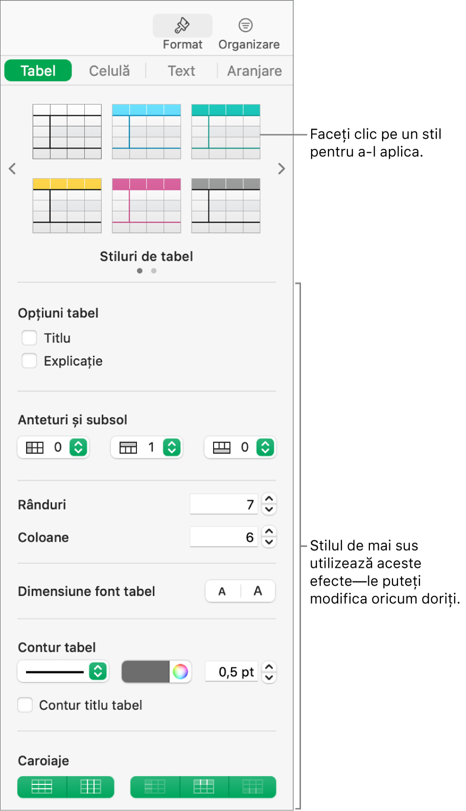 Bara laterală Format afișând stilurile de tabel și opțiunile de formatare.