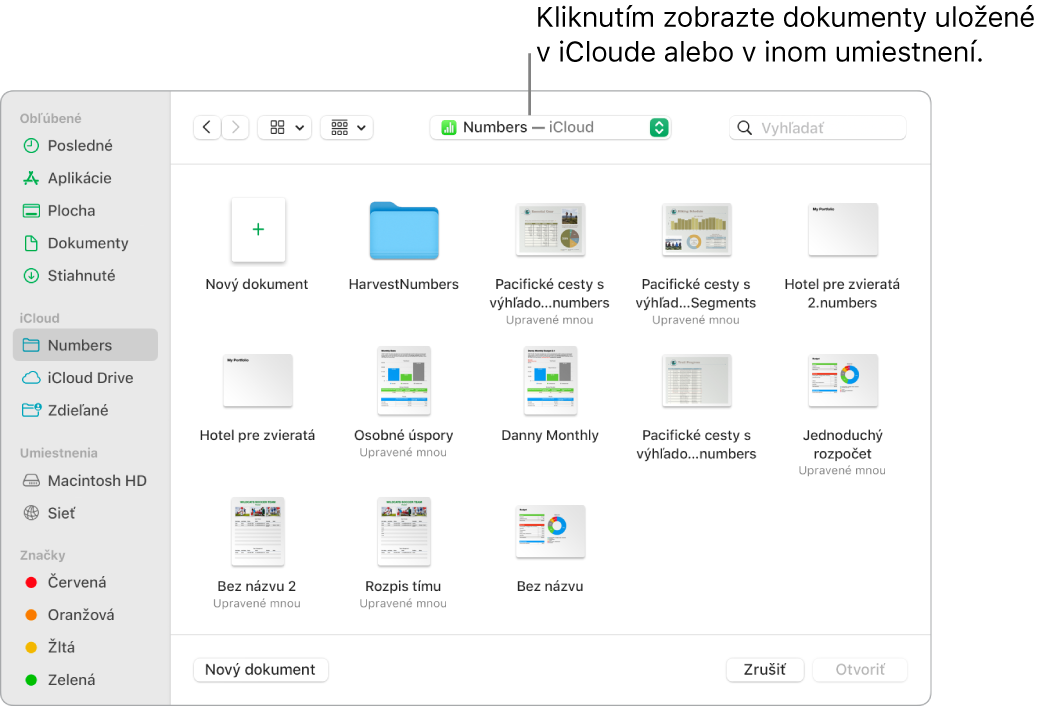 Dialógové okno Otvoriť s postranným panelom naľavo a iCloud Drive vybraný vo vyskakovacom menu navrchu. Priečinky pre Keynote, Numbers a Pages sa objavia v dialógovom okne spolu s tlačidlom Nový dokument.