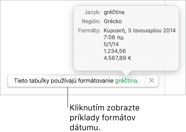 Hlásenie o inom jazyku a nastavení regiónu zobrazujúce príklady formátovania v danom jazyku a regióne.