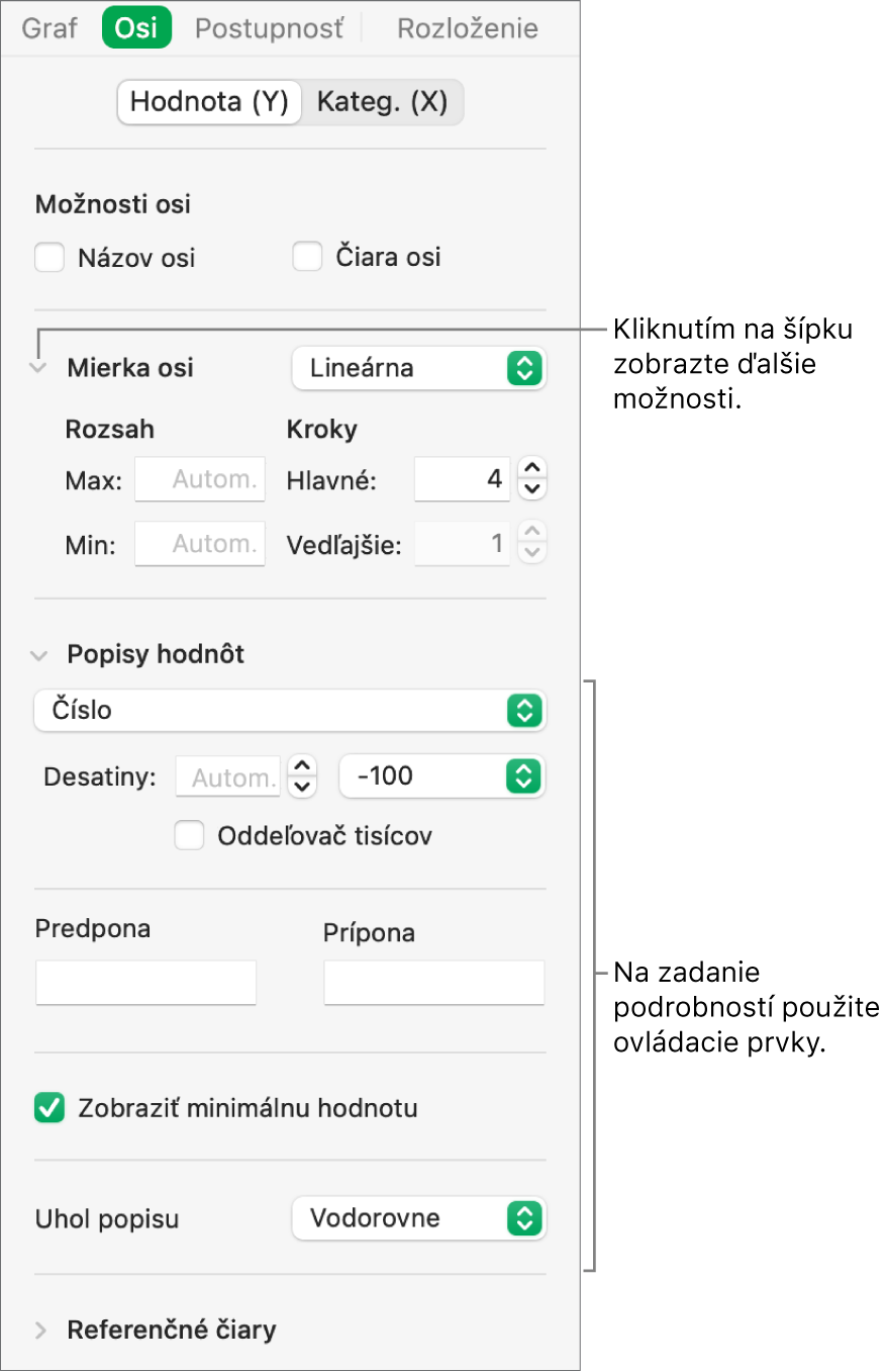 Ovládacie prvky na formátovanie značiek osi grafu.