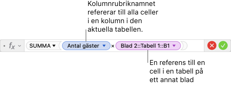 Formelredigeraren med en formel som refererar till en kolumn i en tabell och en cell i en annan tabell.