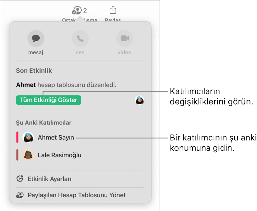 Ortak çalışma menüsünde iki güncel katılımcı listeleniyor.