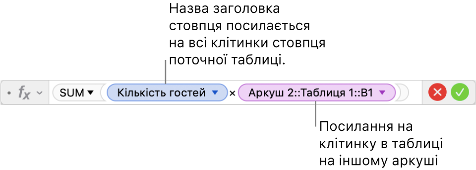 Редактор формул із формулою, яка стосується стовпця в одній таблиці та клітинки в іншій.